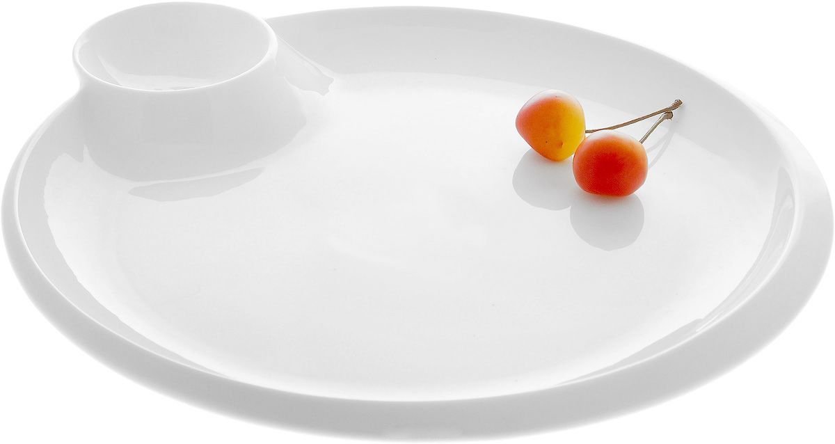 Elegant 12-inch white round platter with sauce compartment, perfect for serving various dishes.