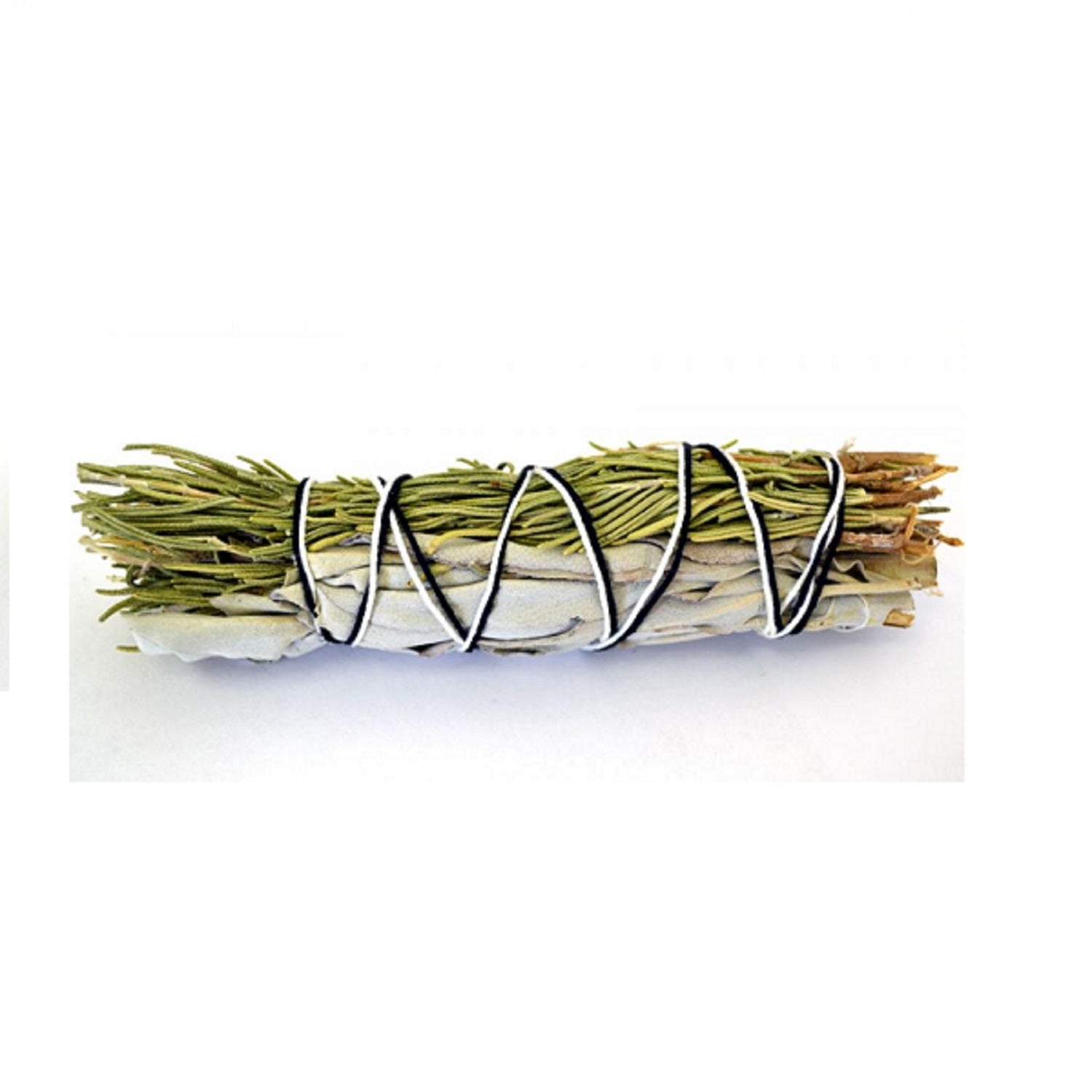 A 3-4 inch White Sage and Rosemary Smudge Stick, hand-tied with natural twine, showcasing its aromatic herbs.