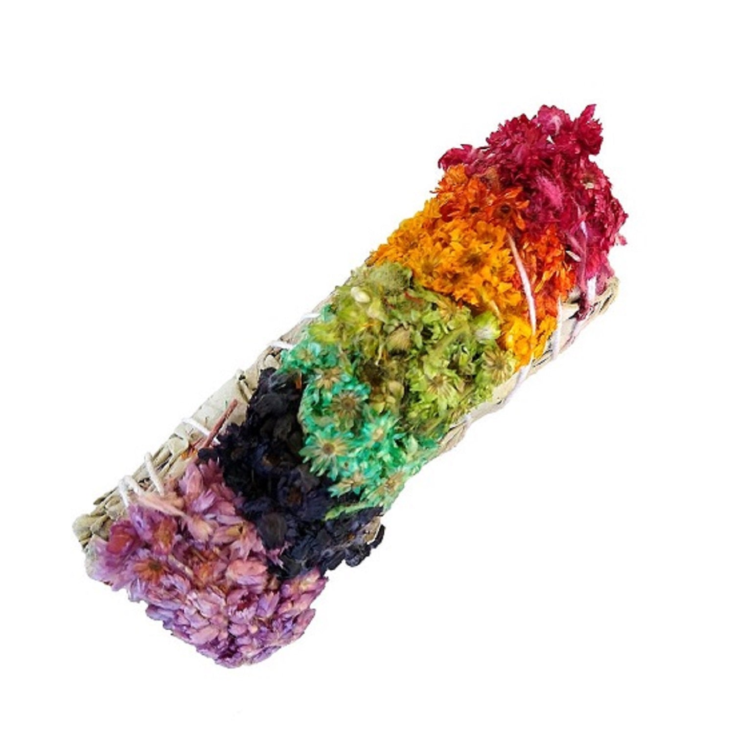 A beautifully arranged White Sage Smudge Stick with 7 Chakra flower colors, showcasing vibrant hues tied together for spiritual cleansing.