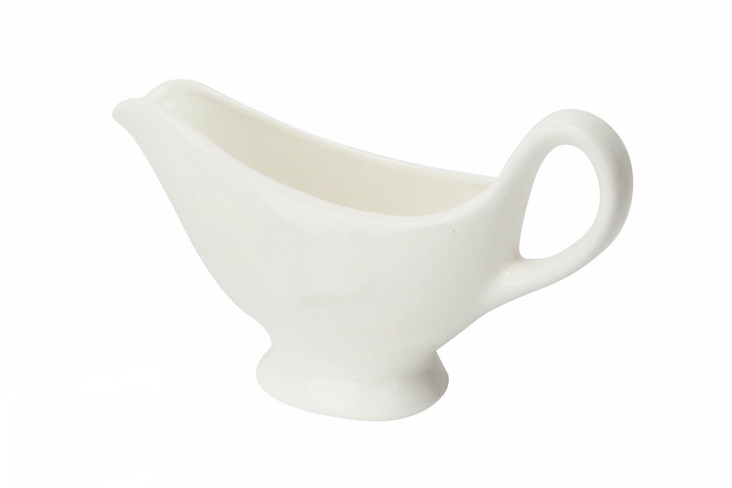 Elegant white porcelain sauce boat with handle, 6 oz capacity, perfect for serving sauces and gravies.