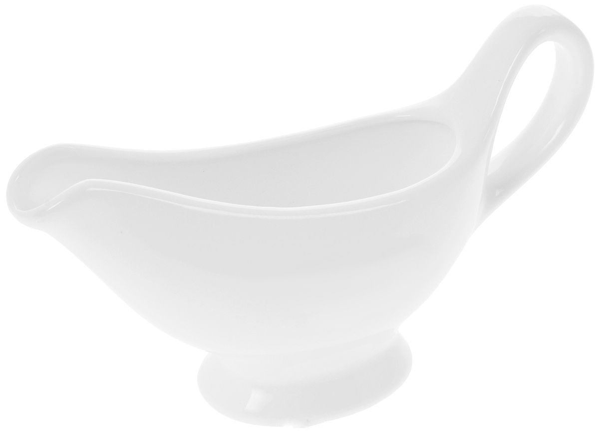 Elegant white porcelain sauce boat with handle, 6 oz capacity, perfect for serving sauces and gravies.