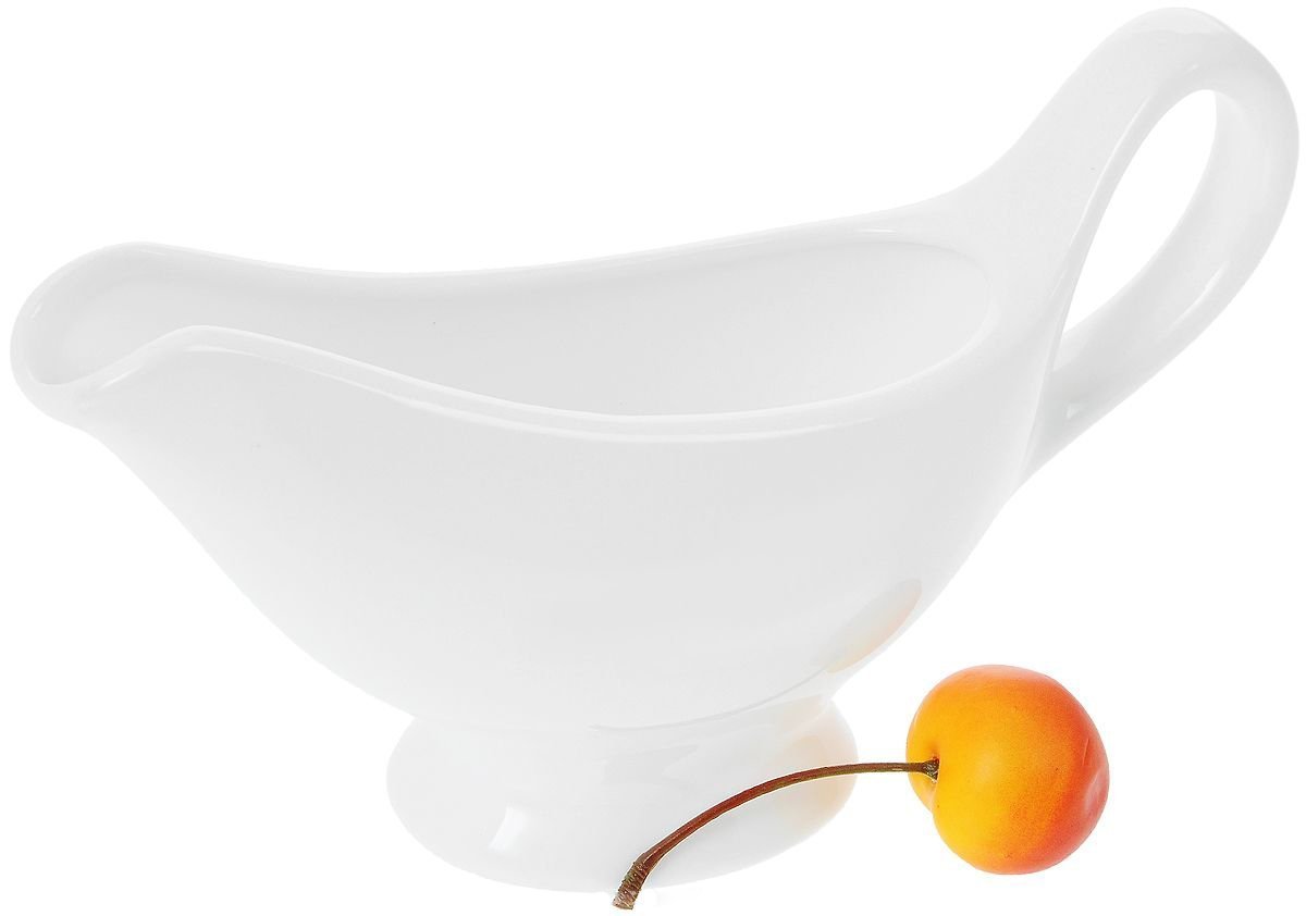 Elegant white porcelain sauce boat with handle, 6 oz capacity, perfect for serving sauces and gravies.