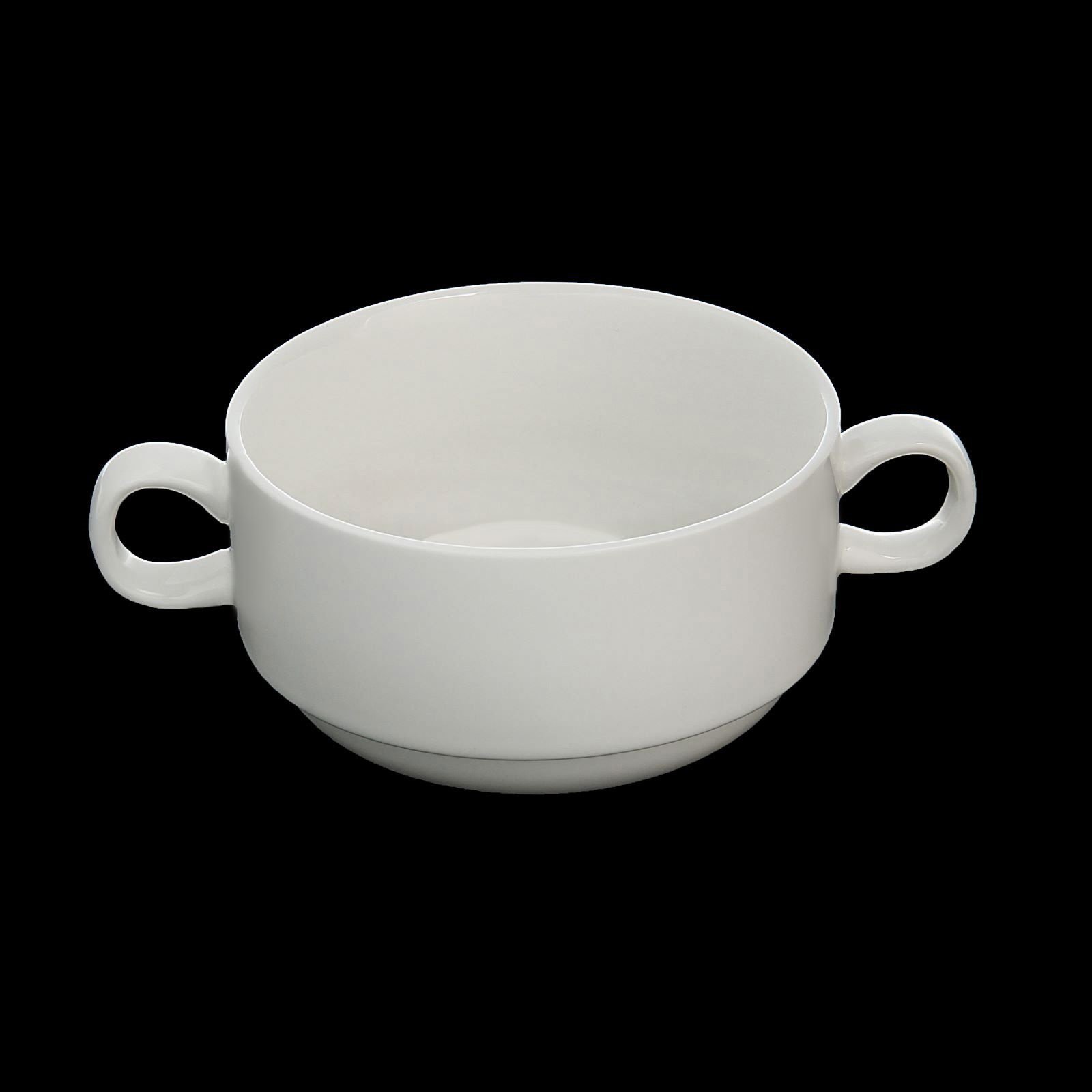 A stack of elegant white porcelain soup cups, each 4 inches in diameter, perfect for serving soups and stews.