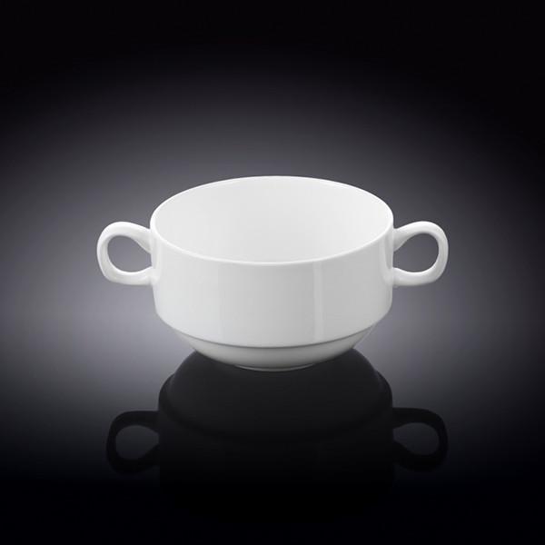 A stack of elegant white porcelain soup cups, each 4 inches in diameter, perfect for serving soups and stews.