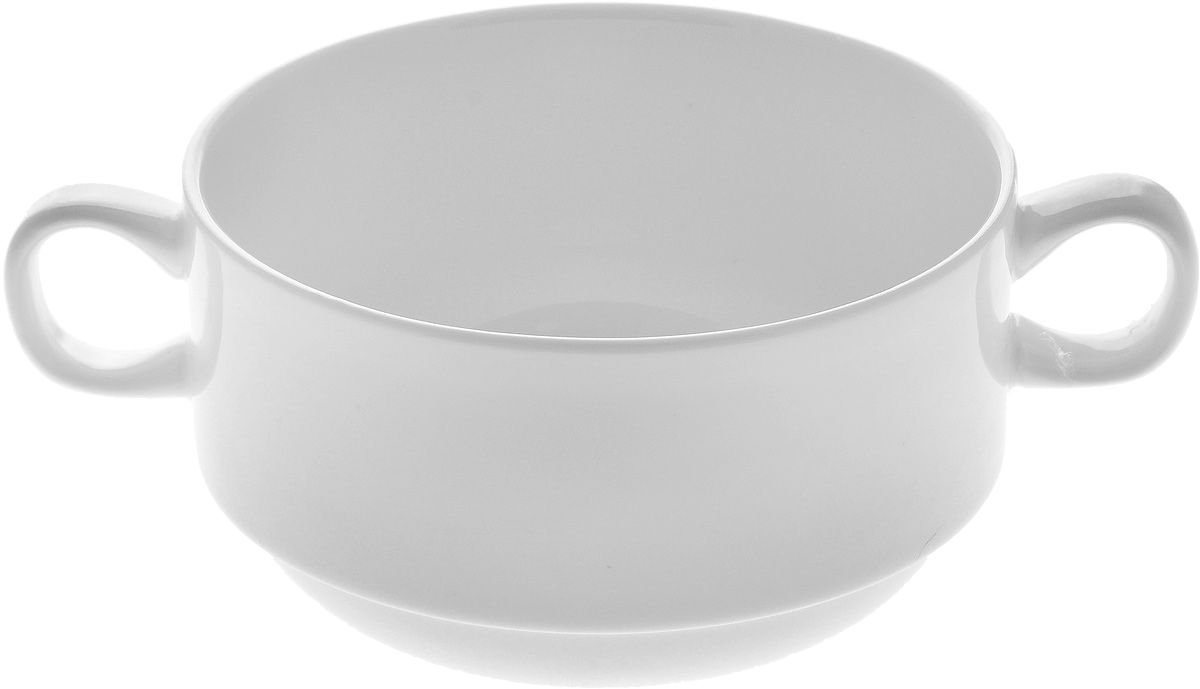 A stack of elegant white porcelain soup cups, each 4 inches in diameter, perfect for serving soups and stews.