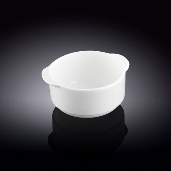 A set of elegant white porcelain soup cups, 4.25 inches in diameter, perfect for serving soups and stews.