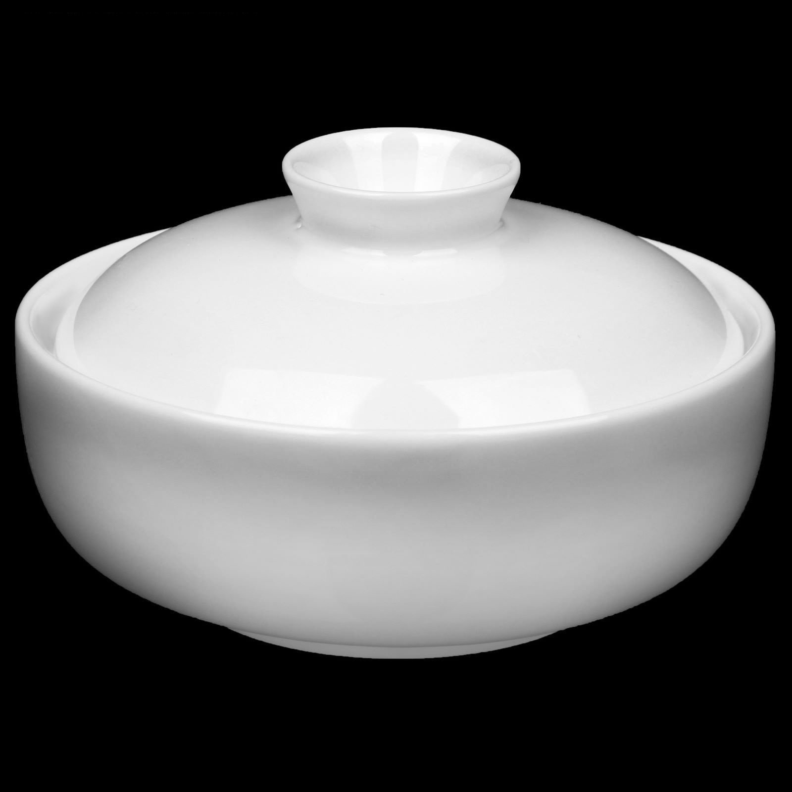 A 5-inch white porcelain soup cup with a lid, ideal for serving soups and stews, showcasing its elegant design and stackable feature.