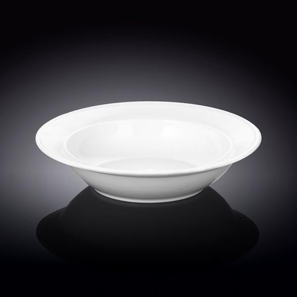 Elegant 8-inch white soup plate made of durable porcelain, perfect for serving soups and stews.