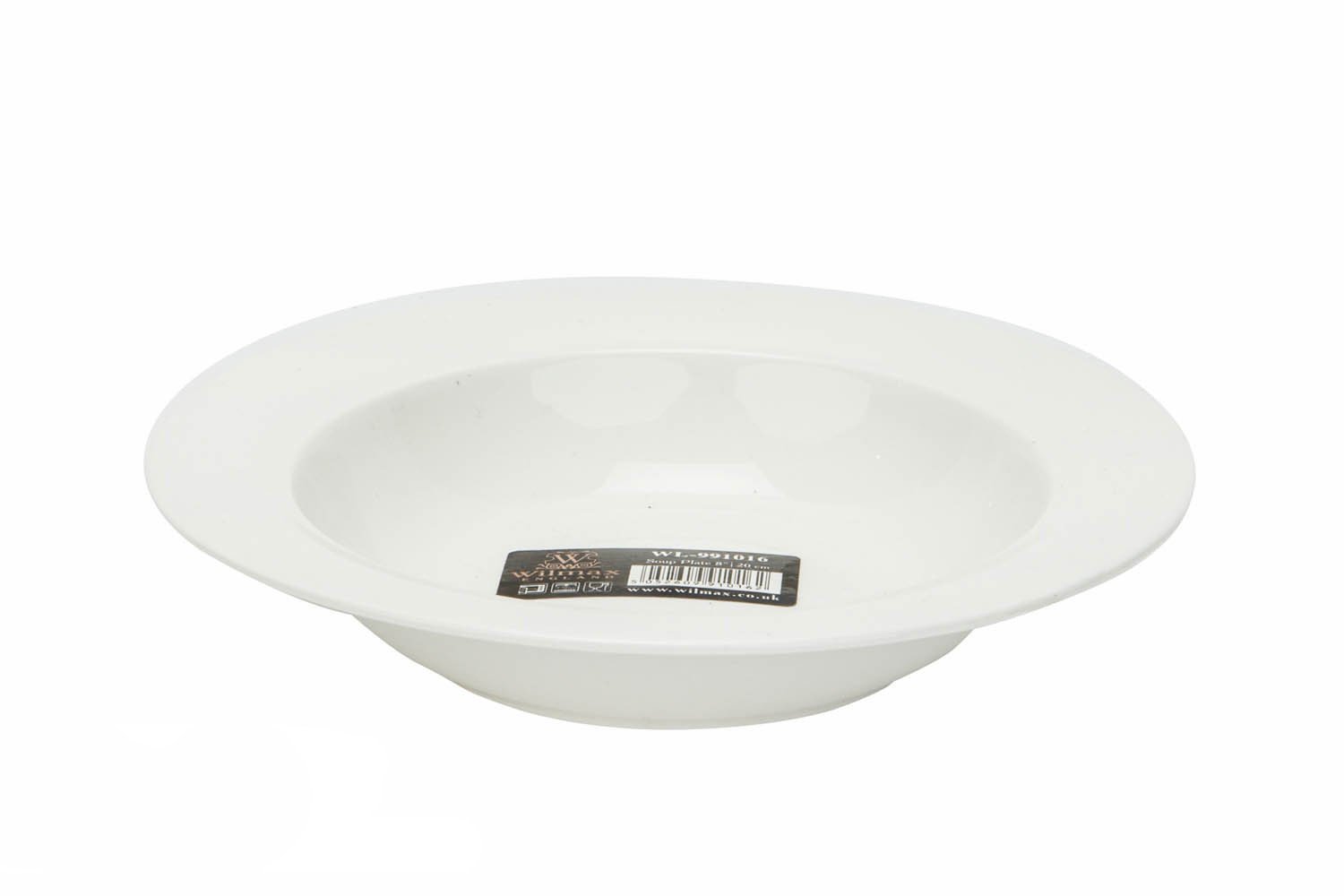 Elegant 8-inch white soup plate made of durable porcelain, perfect for serving soups and stews.