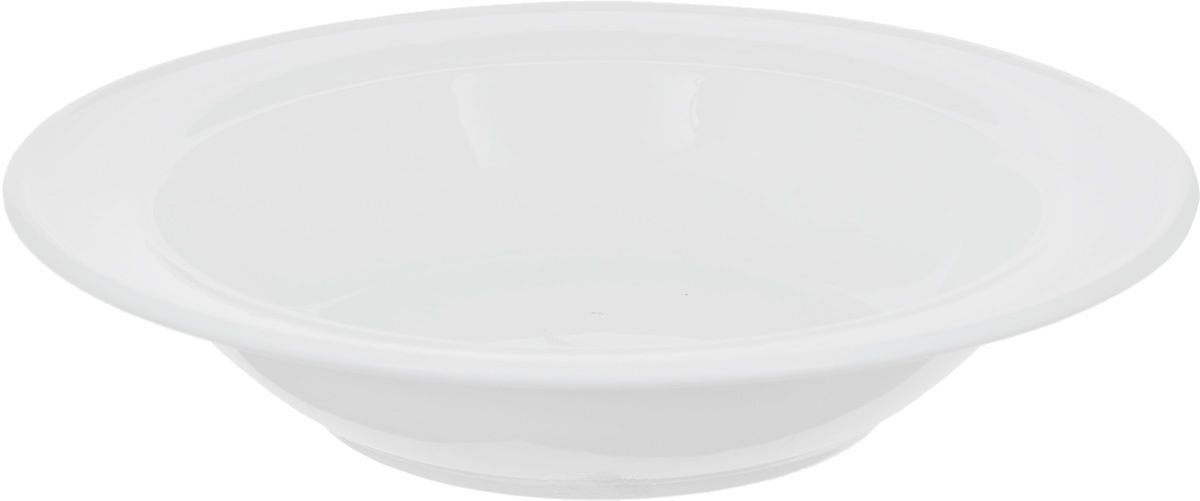 Elegant 8-inch white soup plate made of durable porcelain, perfect for serving soups and stews.