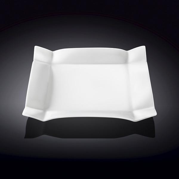 Elegant 8-inch white square dessert plate made of fine porcelain, showcasing a rolled rim design, perfect for serving desserts.