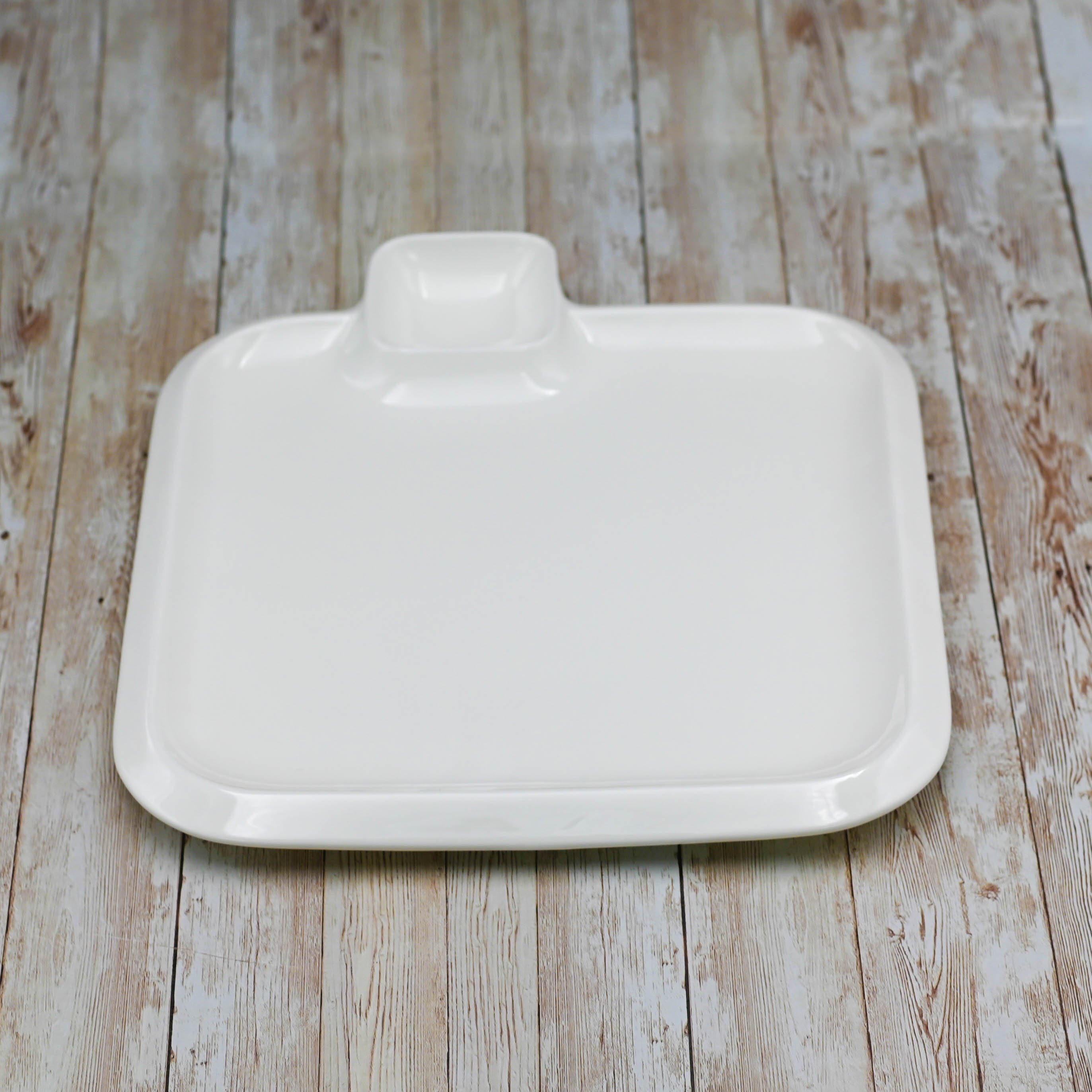 Wilmax White Square Platter with Sauce Compartment, 12 inches by 12 inches, elegant porcelain design for serving various dishes.