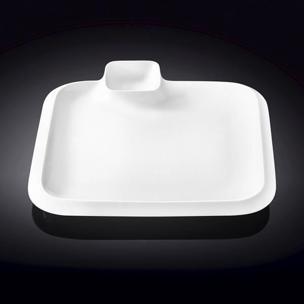 Wilmax White Square Platter with Sauce Compartment, 12 inches by 12 inches, elegant porcelain design for serving various dishes.