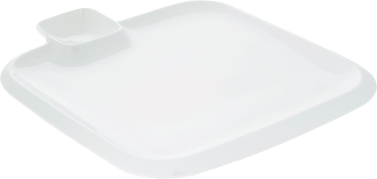 Wilmax White Square Platter with Sauce Compartment, 12 inches by 12 inches, elegant porcelain design for serving various dishes.