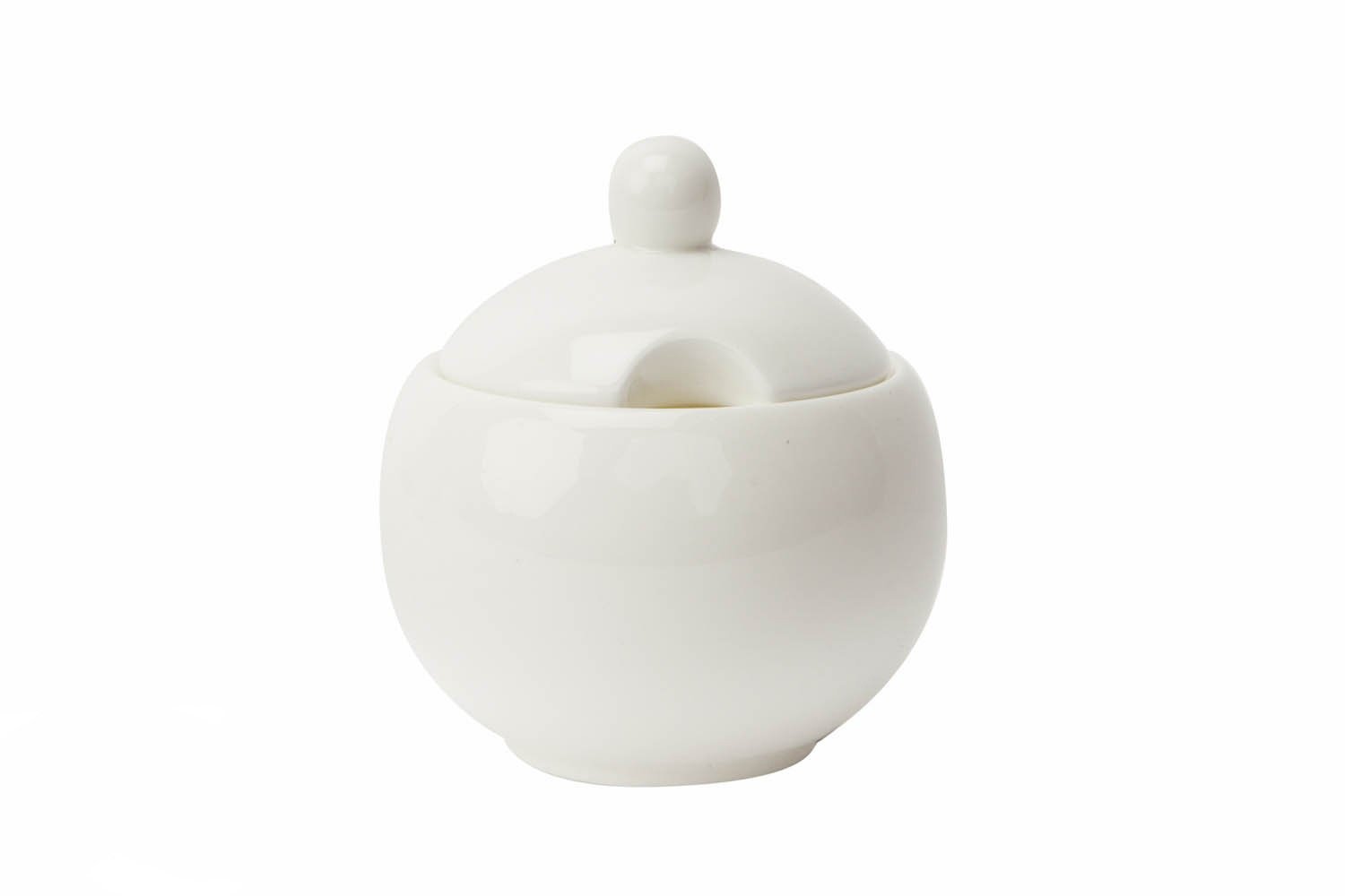 Wilmax White Sugar Bowl, 11 oz, round with lid, made of durable porcelain, featuring a glossy white glaze.