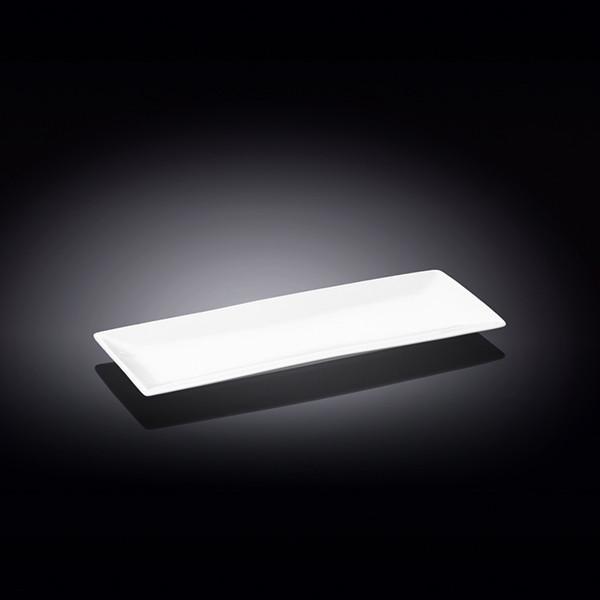 Elegant white porcelain sushi and canape dish, 12 inches by 4.7 inches, perfect for serving appetizers.