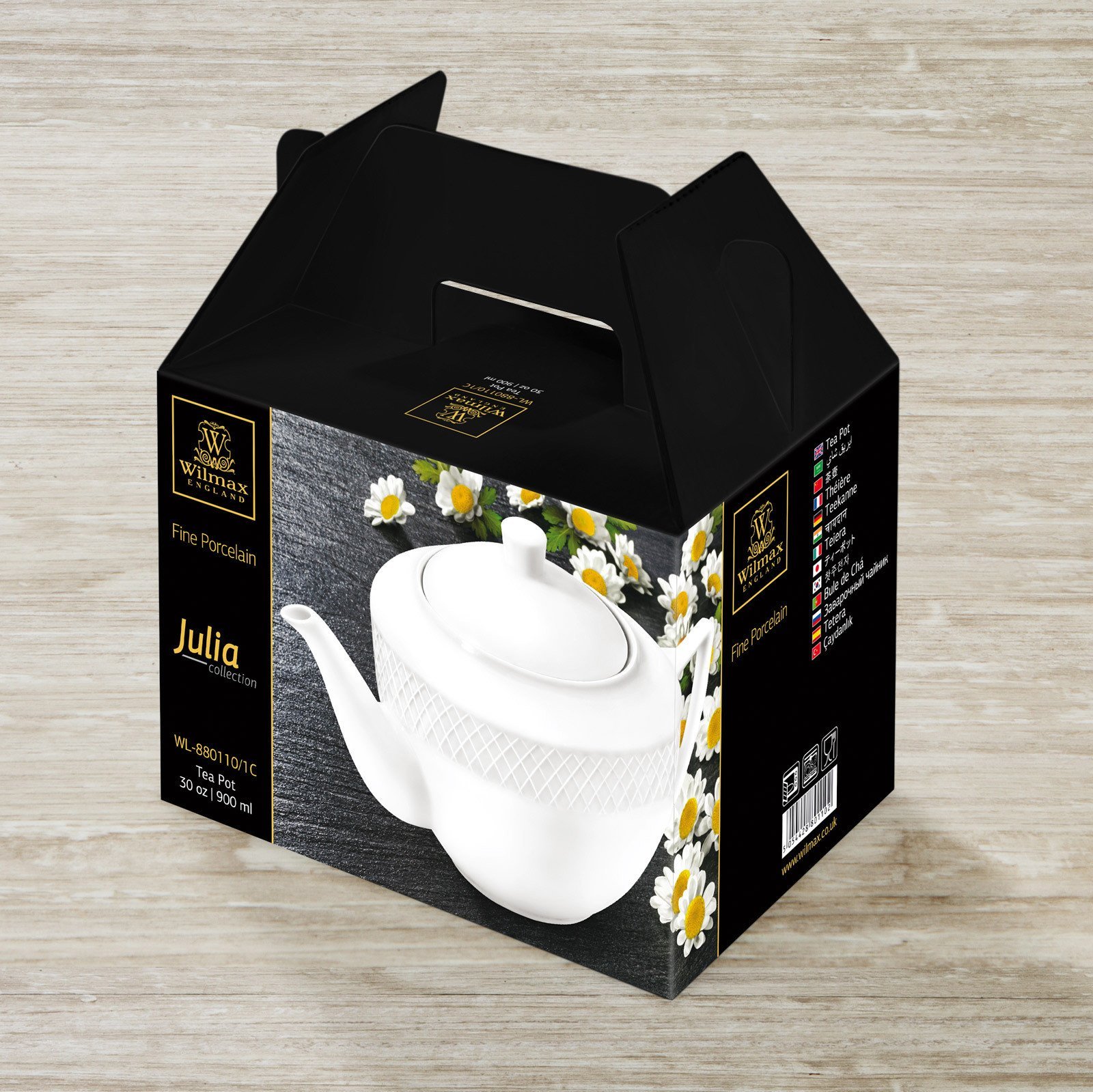 Elegant WILMAX White Teapot, 30 oz, with embossed design and gift box packaging.