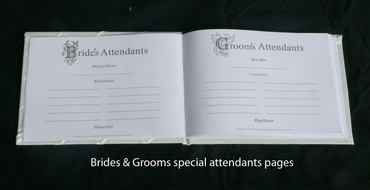 Elegant white wedding guest book set with a silver pen and matching stand, perfect for capturing guest messages.