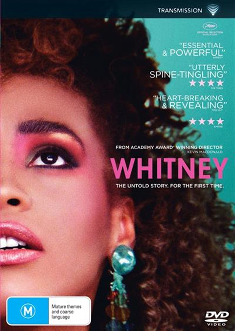 Whitney Houston DVD cover featuring a vibrant image of the iconic singer with musical notes in the background.