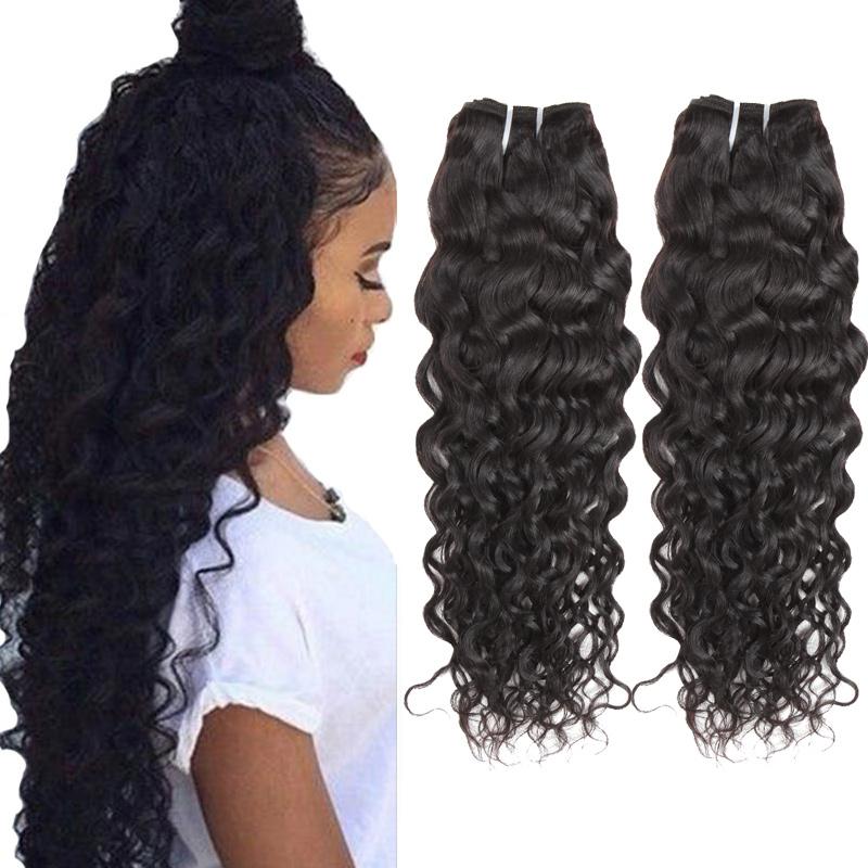 Wholesale Cheap 8A Human Hair Weave featuring Brazilian Water Wave texture, showcasing natural black color and double weft construction.