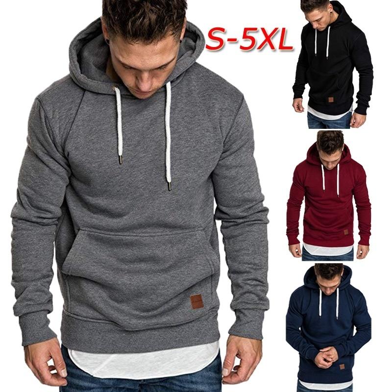 Men's solid color outdoor sports hoodie in various sizes, featuring long sleeves and a hood, perfect for autumn and winter activities.