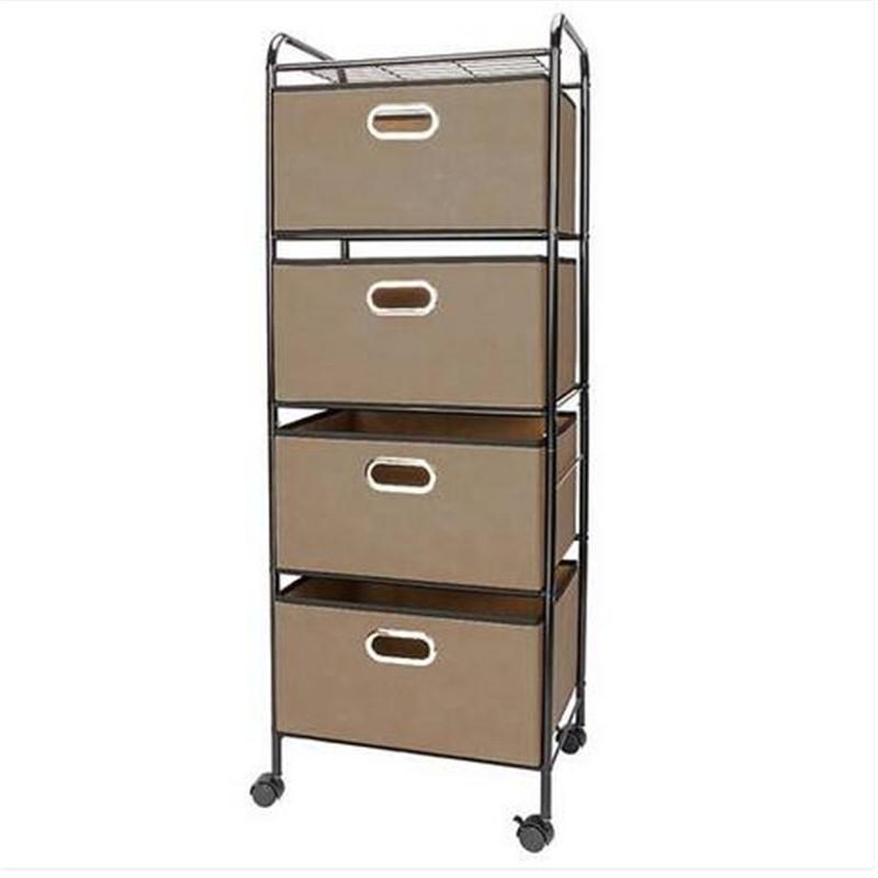 Four-tier storage cart with non-woven fabric drawers and black carbon steel frame, ideal for organizing various items in a stylish brown finish.