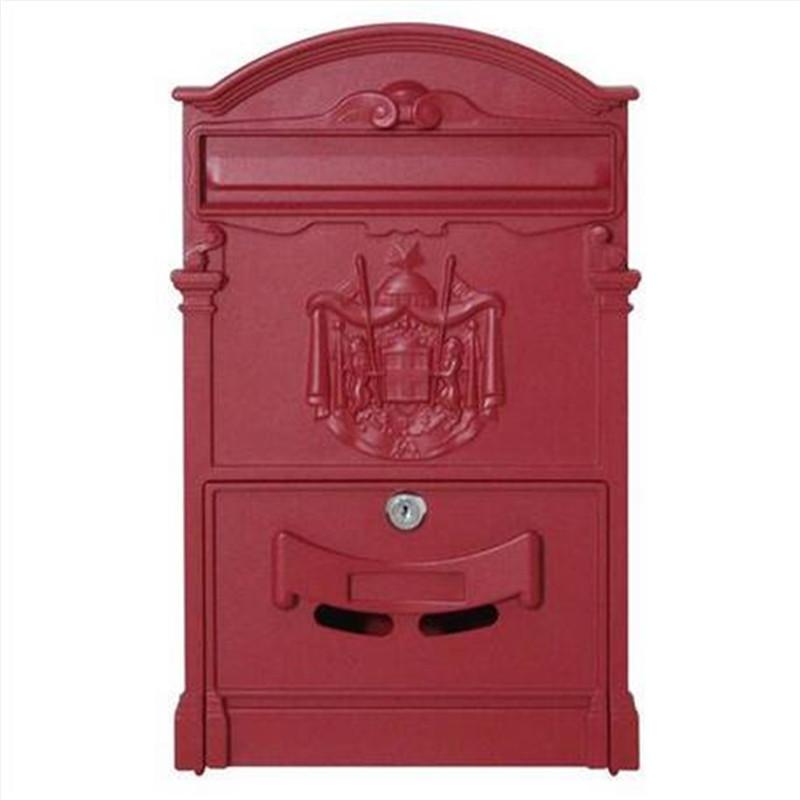 Iron mailbox with lock and two keys, featuring a sleek red design and sturdy metal construction.