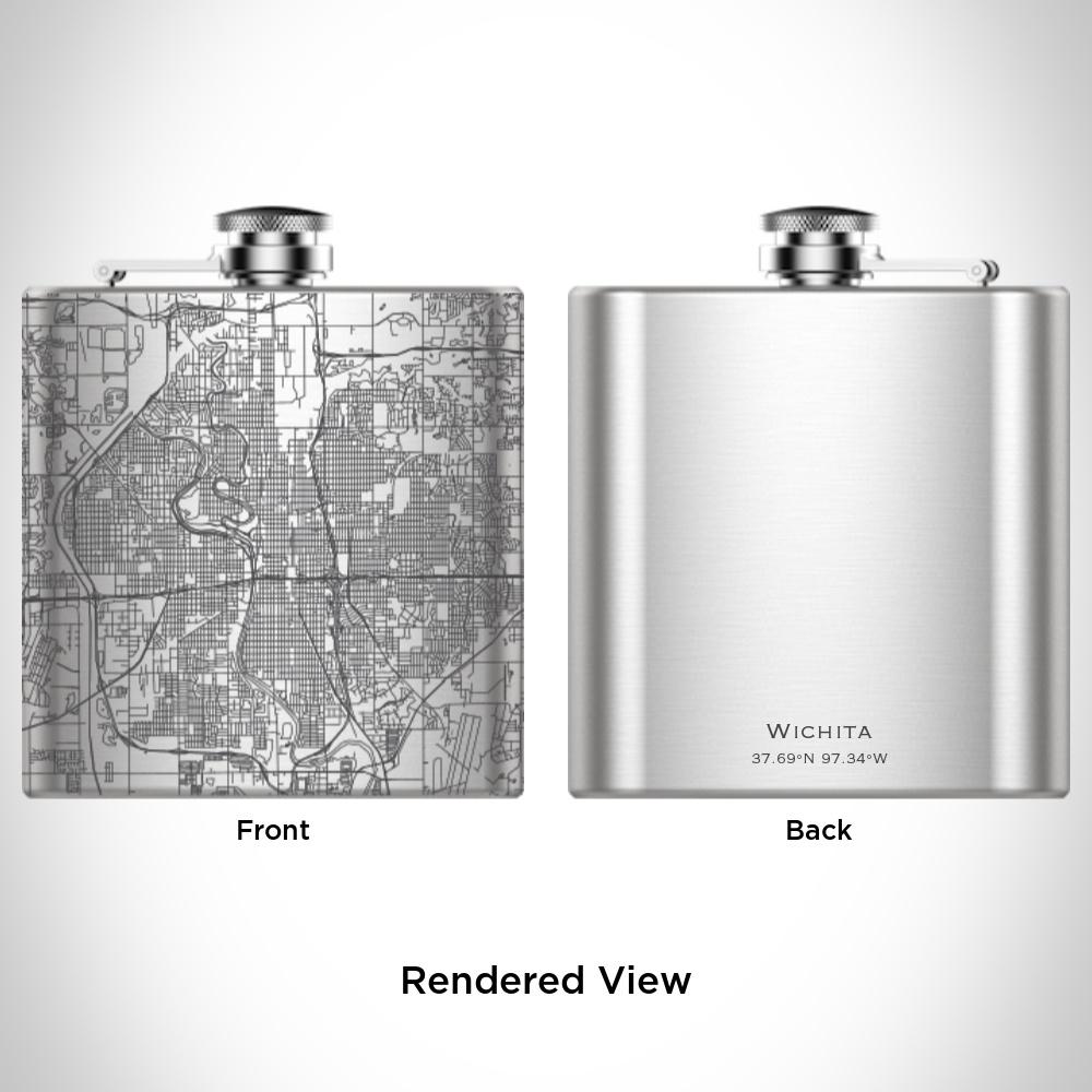 Custom engraved 6oz hip flask featuring a detailed map of Wichita, Kansas, with coordinates, presented with a canvas bag and funnel.