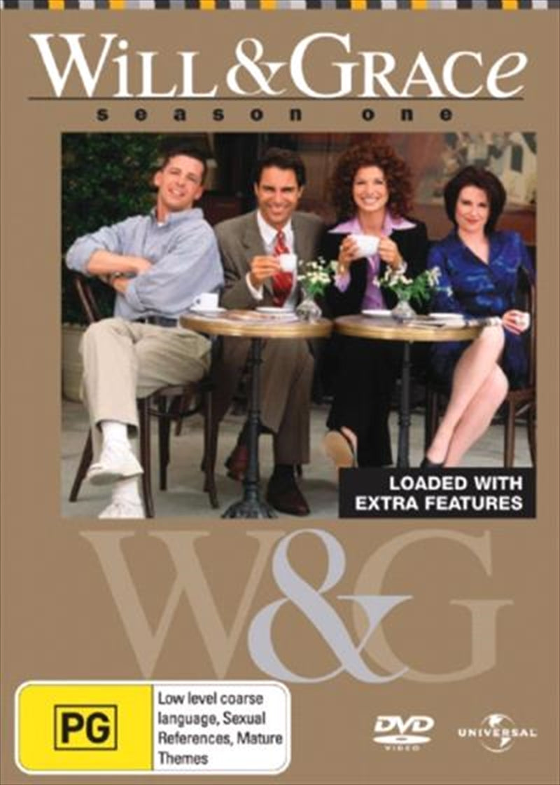 Will and Grace Season 1 DVD cover featuring Will and Grace with vibrant colors and comedic elements.