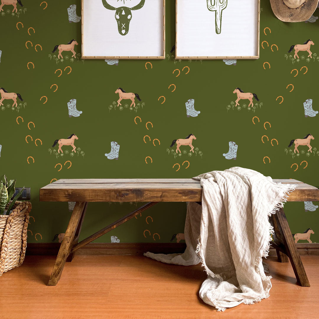 Wild Horse Summer (Green) wallpaper featuring a modern design with vibrant colors and bold patterns, perfect for home decor.