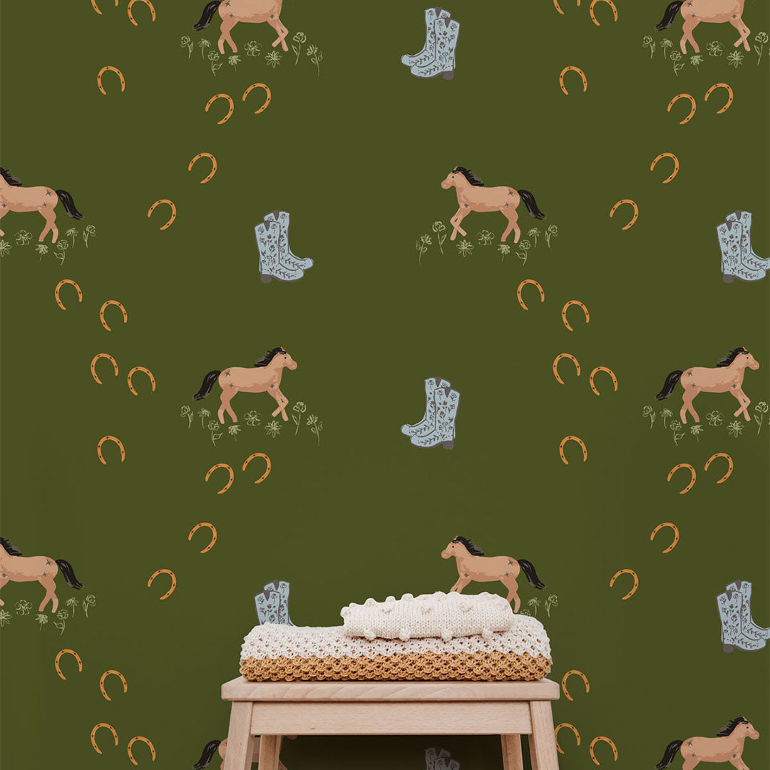 Wild Horse Summer (Green) wallpaper featuring a modern design with vibrant colors and bold patterns, perfect for home decor.