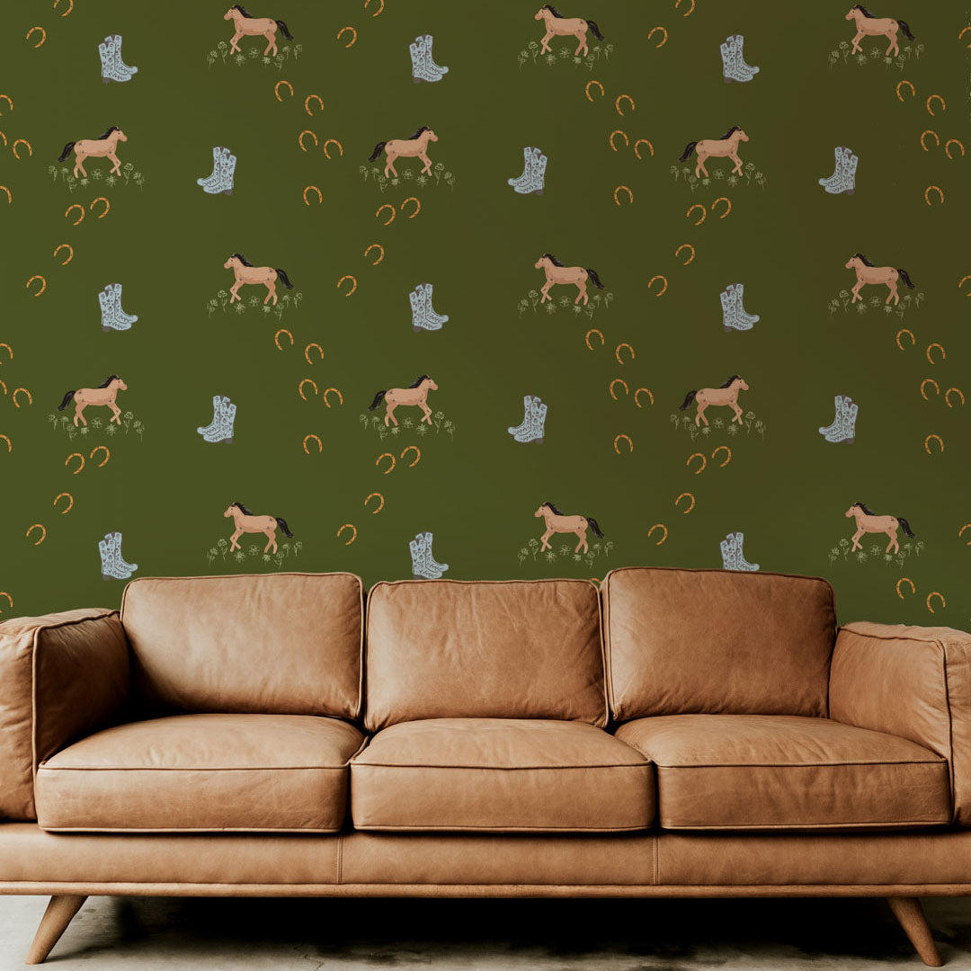 Wild Horse Summer (Green) wallpaper featuring a modern design with vibrant colors and bold patterns, perfect for home decor.