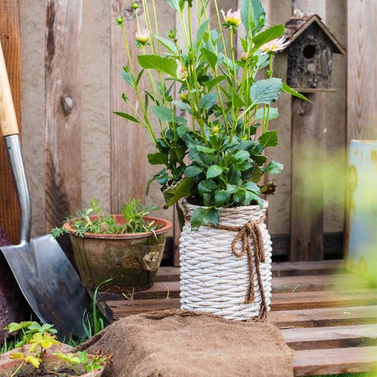 Willow Style Ribbon Concrete Flower Pot with hemp rope design in khaki color, showcasing its elegant and durable structure.