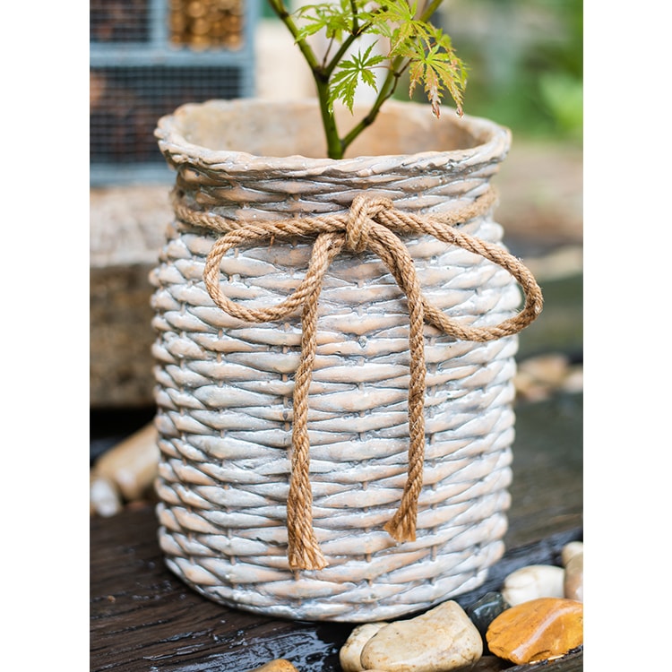 Willow Style Ribbon Concrete Flower Pot with hemp rope design in khaki color, showcasing its elegant and durable structure.