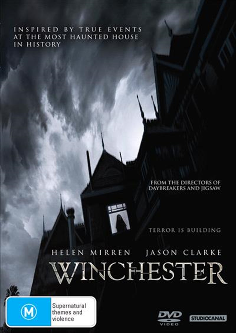 Winchester DVD cover featuring eerie mansion and haunting imagery, showcasing the film's supernatural theme.