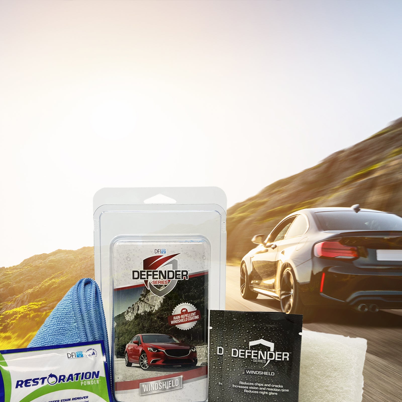 Windshield Defender™ Kit with cleaning tools and rain-repellent towelettes for enhanced visibility and safety.