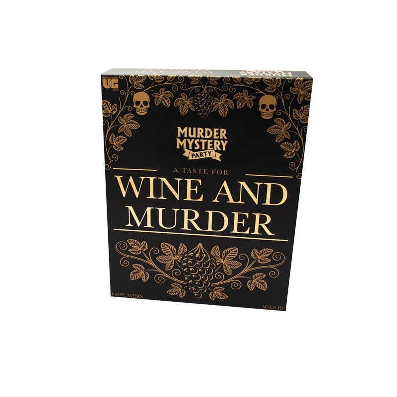 Wine And Murder game box featuring a mysterious theme with wine elements.