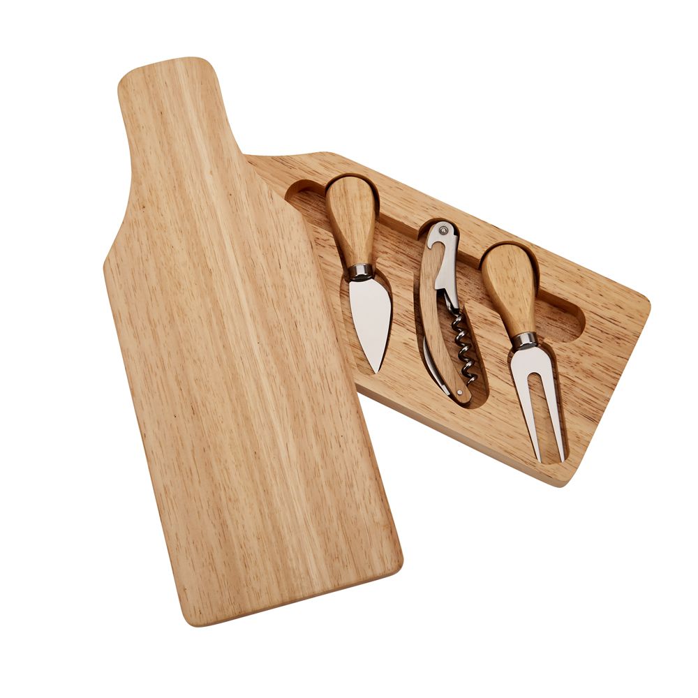 Wine bottle-shaped cheese board with sliding top revealing cheese knife, fork, and corkscrew, made of rubber wood.