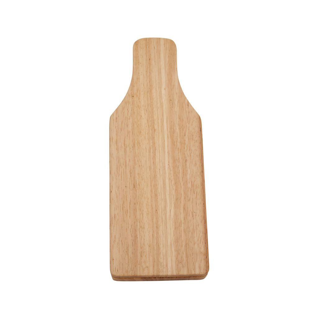 Wine bottle-shaped cheese board with sliding top revealing cheese knife, fork, and corkscrew, made of rubber wood.