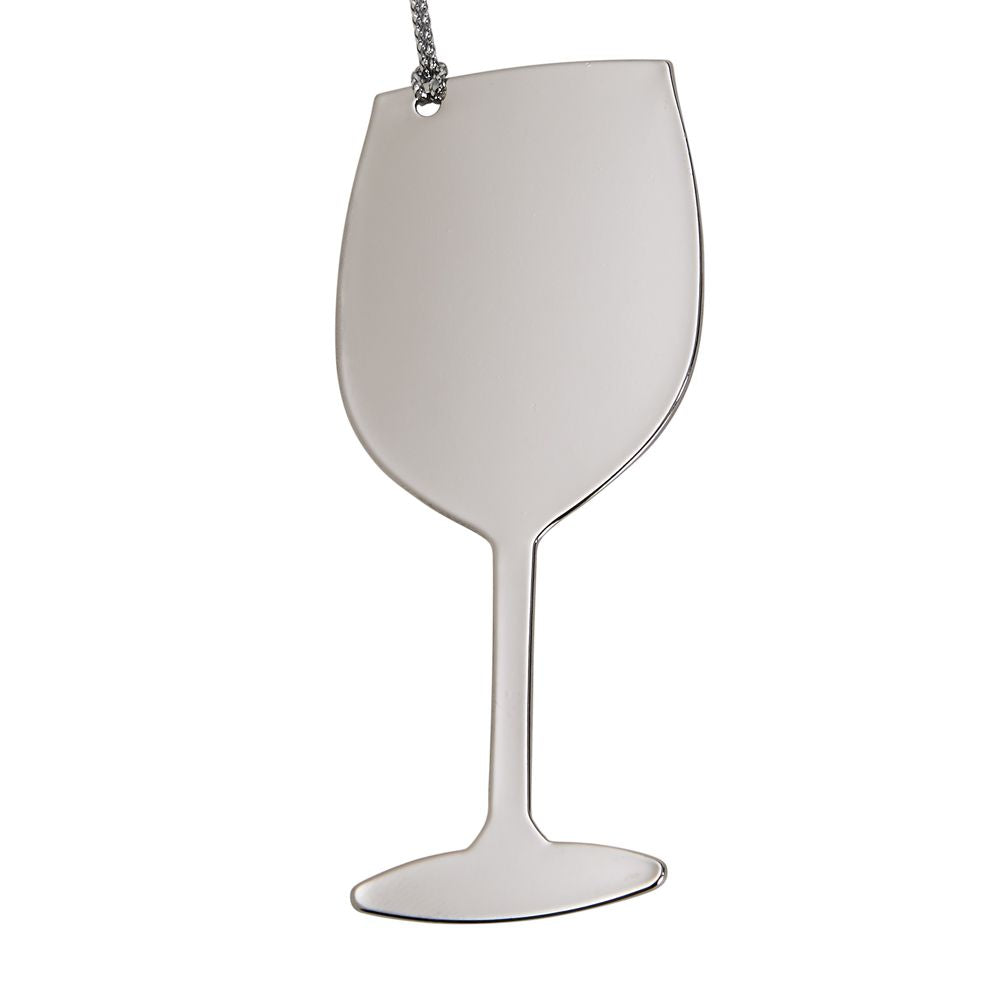 A beautifully crafted non-tarnish nickel plated wine glass ornament, measuring 3.375" x 1.5", with a silver string for hanging.