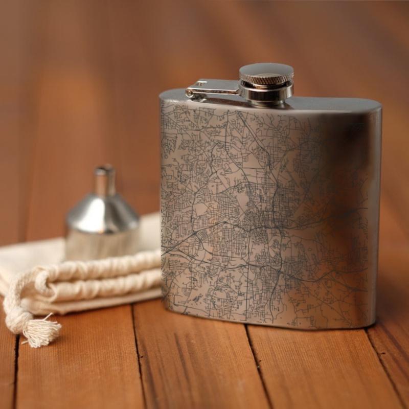 Custom engraved 6oz hip flask featuring a detailed map of Winston-Salem, North Carolina, with a canvas bag and funnel.