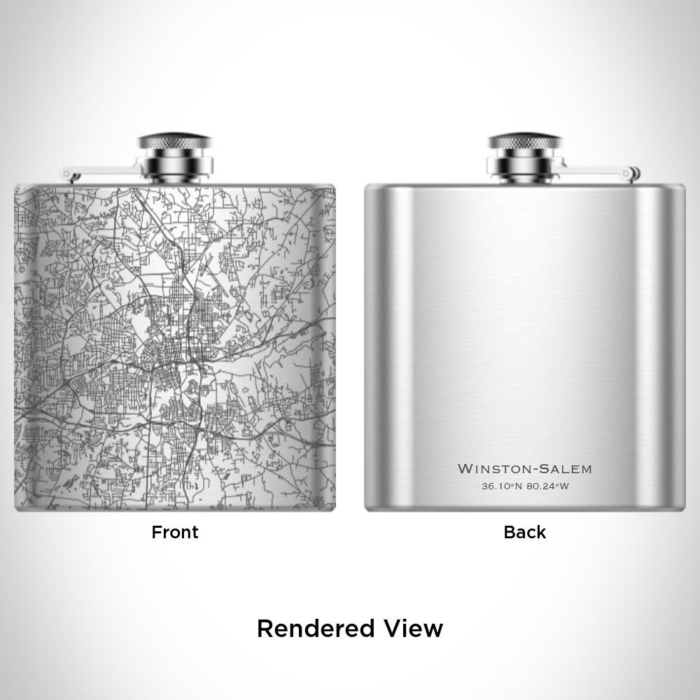 Custom engraved 6oz hip flask featuring a detailed map of Winston-Salem, North Carolina, with a canvas bag and funnel.