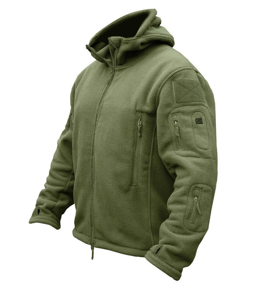 Men's Winter Airsoft Military Jacket in black, featuring a hood, fleece material, and tactical design for outdoor activities.