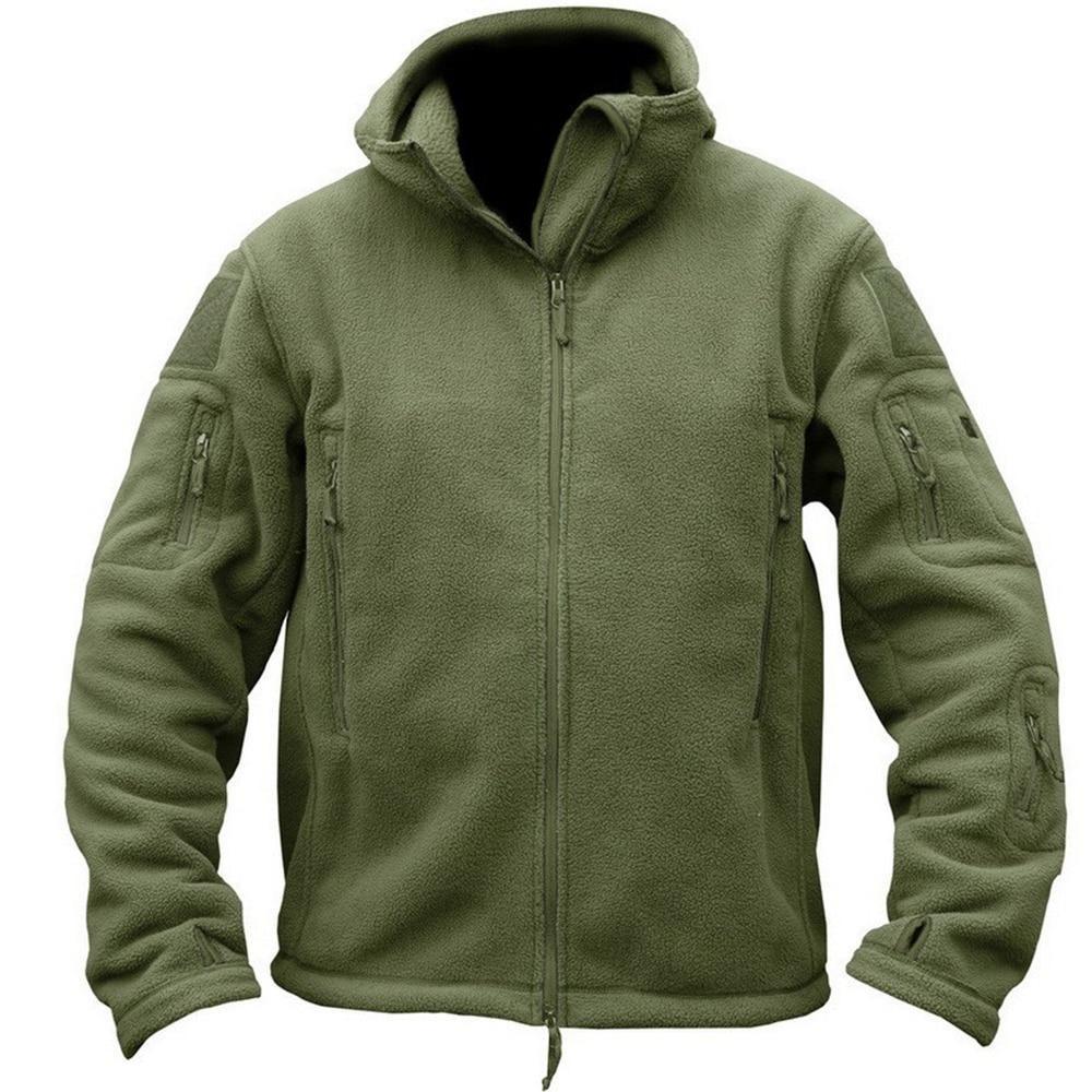 Men's Winter Airsoft Military Jacket in black, featuring a hood, fleece material, and tactical design for outdoor activities.