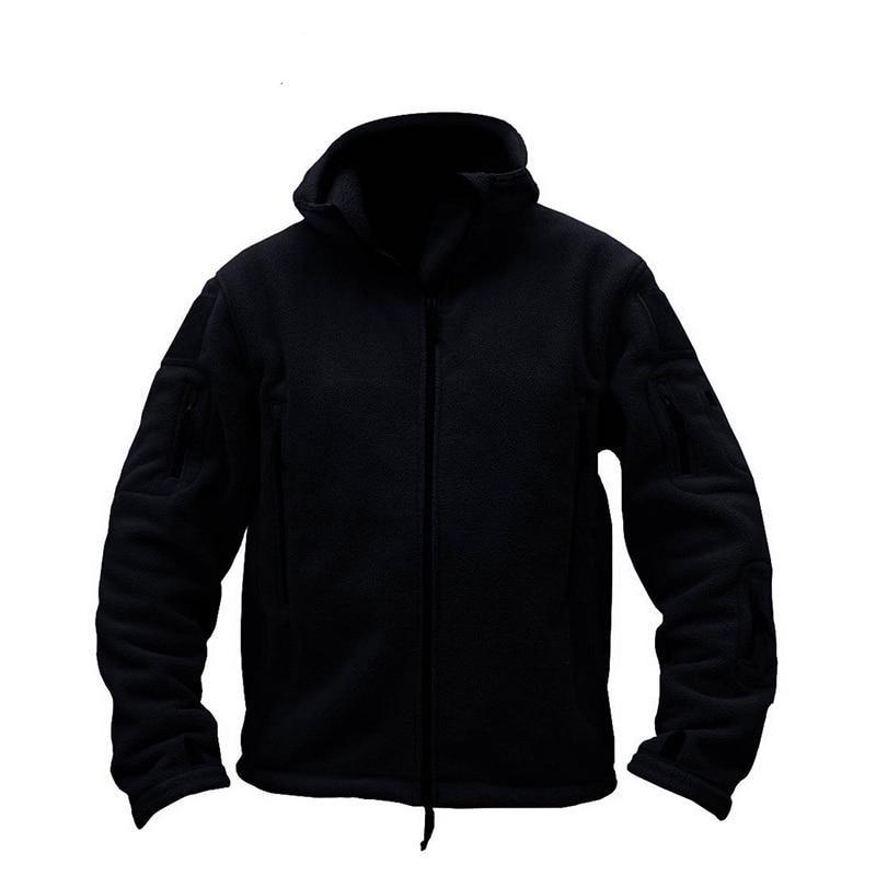 Men's Winter Airsoft Military Jacket in black, featuring a hood, fleece material, and tactical design for outdoor activities.