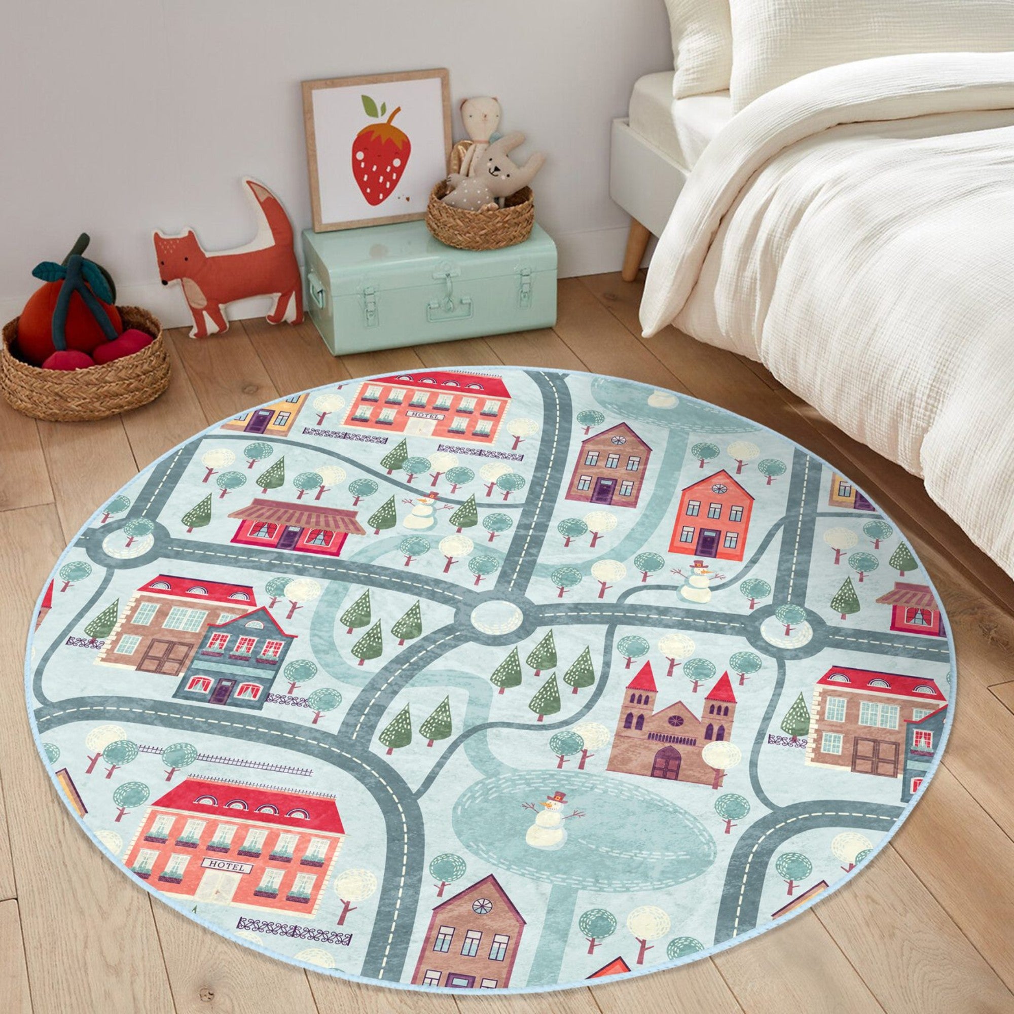 A cozy round rug featuring a playful winter city roads design, perfect for kids' rooms, showcasing vibrant colors and soft texture.