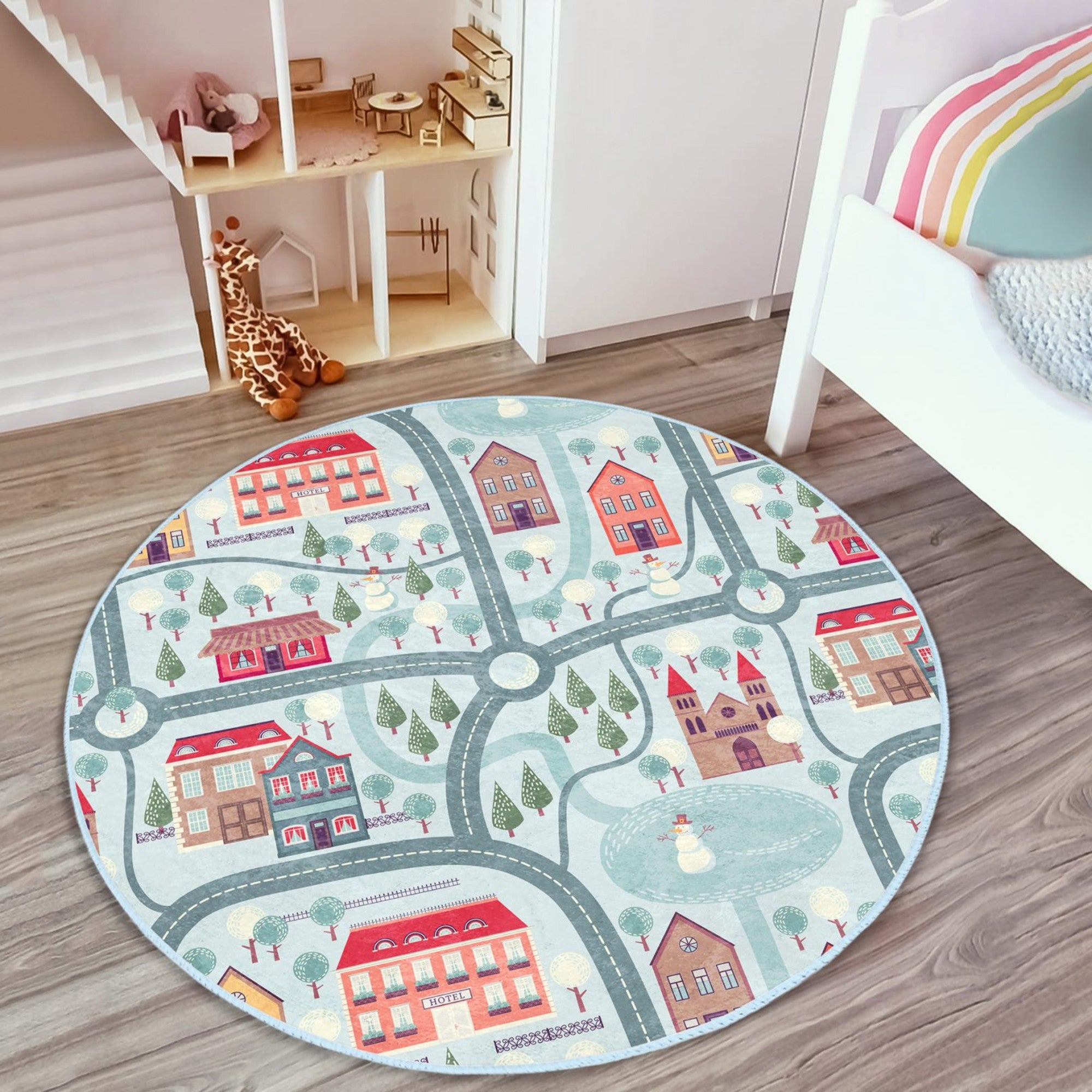 A cozy round rug featuring a playful winter city roads design, perfect for kids' rooms, showcasing vibrant colors and soft texture.