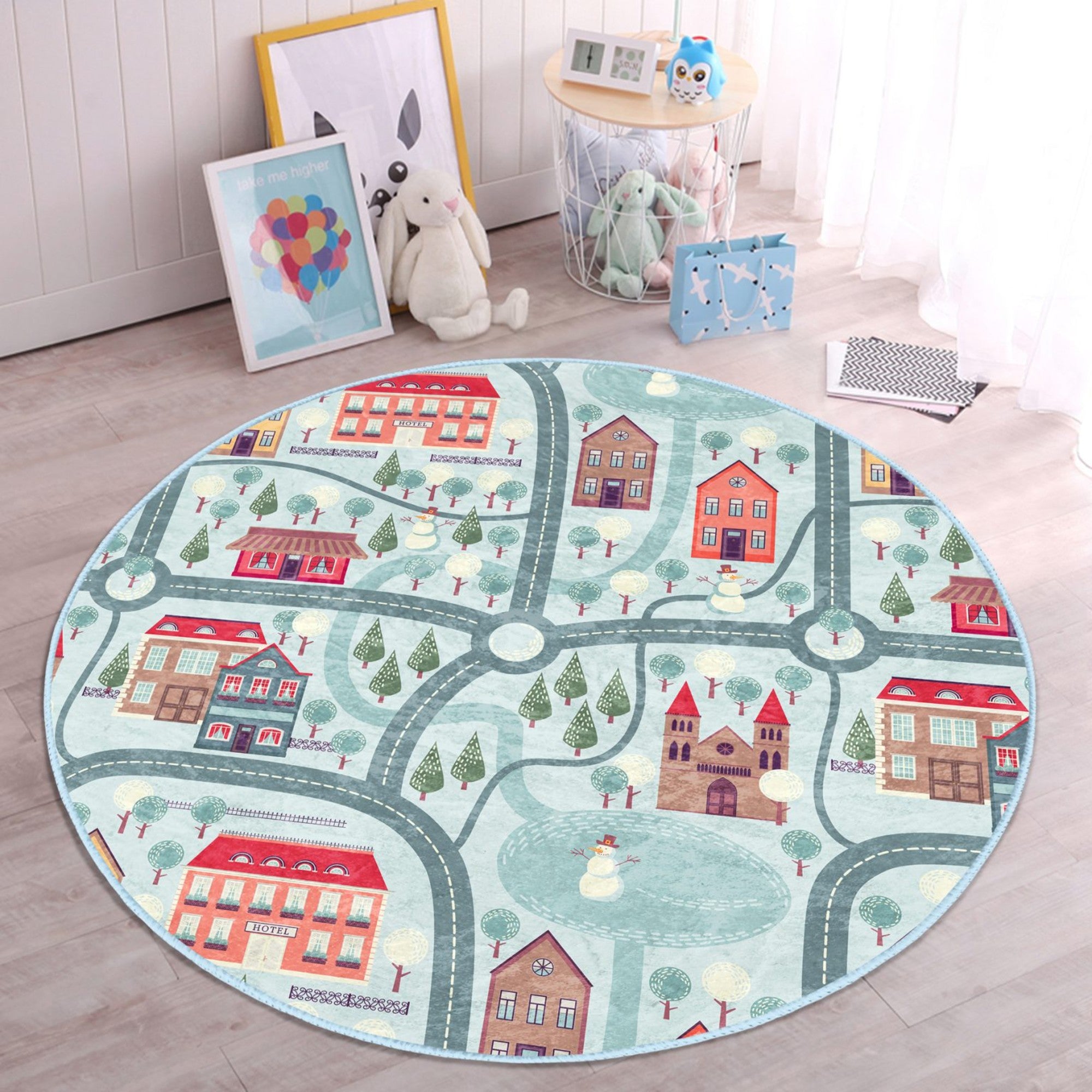 A cozy round rug featuring a playful winter city roads design, perfect for kids' rooms, showcasing vibrant colors and soft texture.