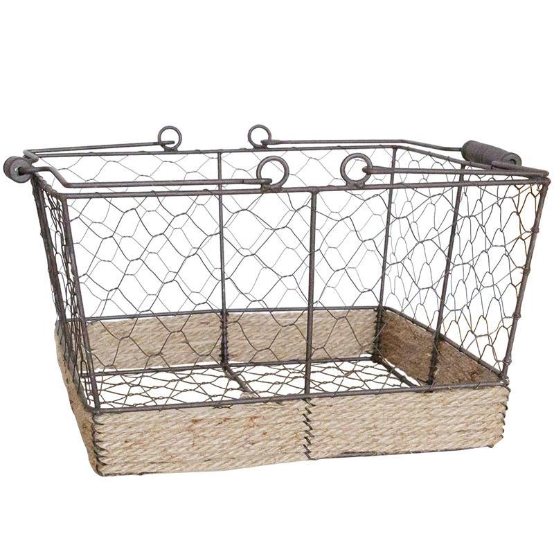 Wire Carry Basket with Hemp Rope Bottom, featuring a sturdy metal frame and natural hemp base, available in various colors.