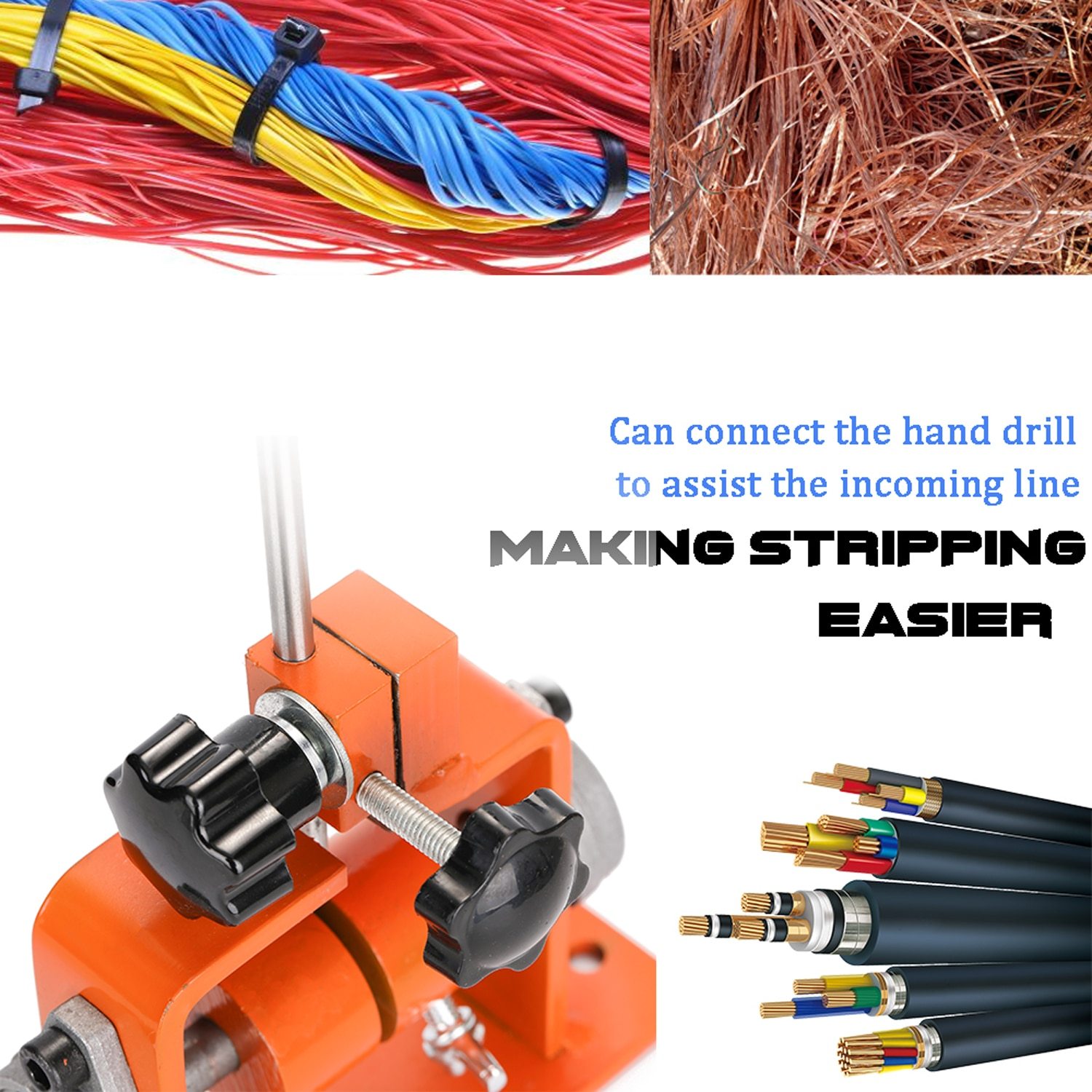 Manual wire stripper tool designed for peeling household scrap copper wire and cables, featuring an ergonomic handle and adjustable stripping size.